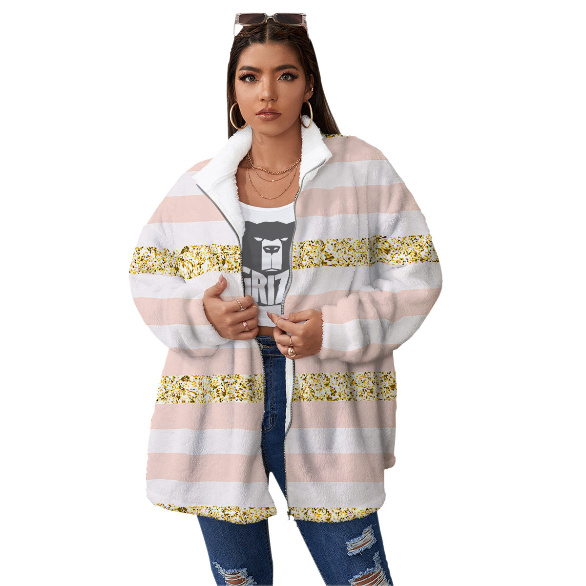 Stripe Glitter Gold Print Pattern Women's Sherpa Jacket-grizzshop