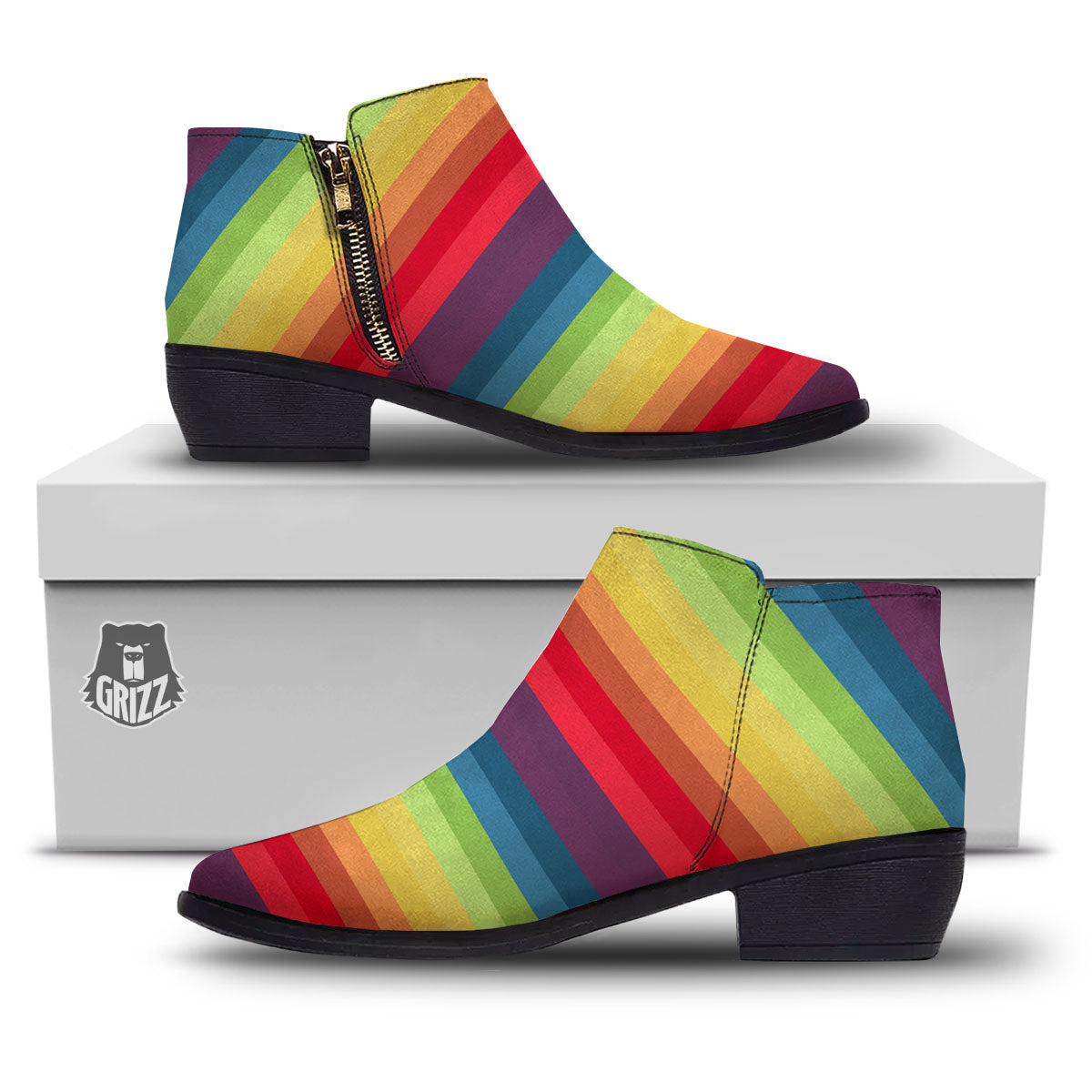 Stripe Rainbow Print Pattern Ankle Boots-grizzshop