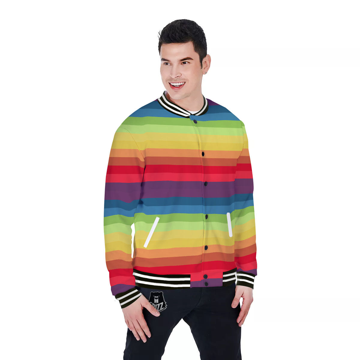 Stripe Rainbow Print Pattern Baseball Jacket-grizzshop