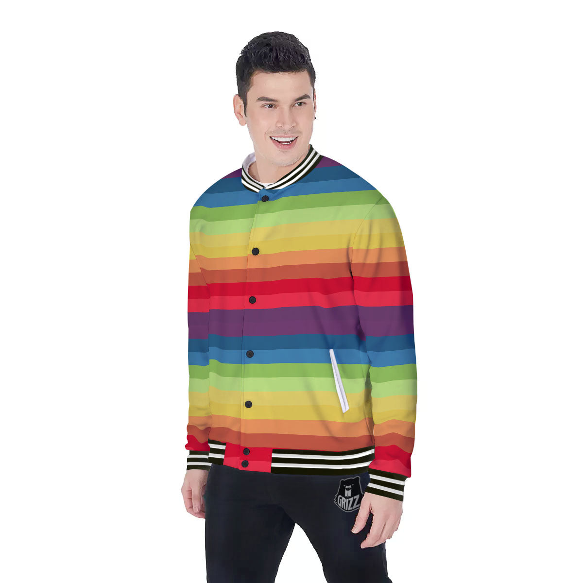 Stripe Rainbow Print Pattern Baseball Jacket-grizzshop
