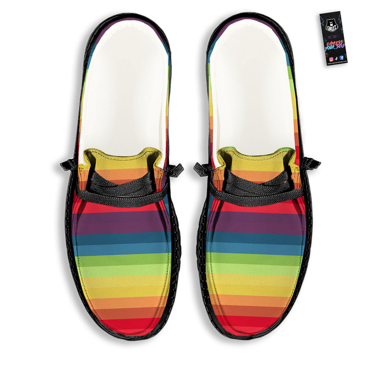Stripe Rainbow Print Pattern Black Loafers-grizzshop