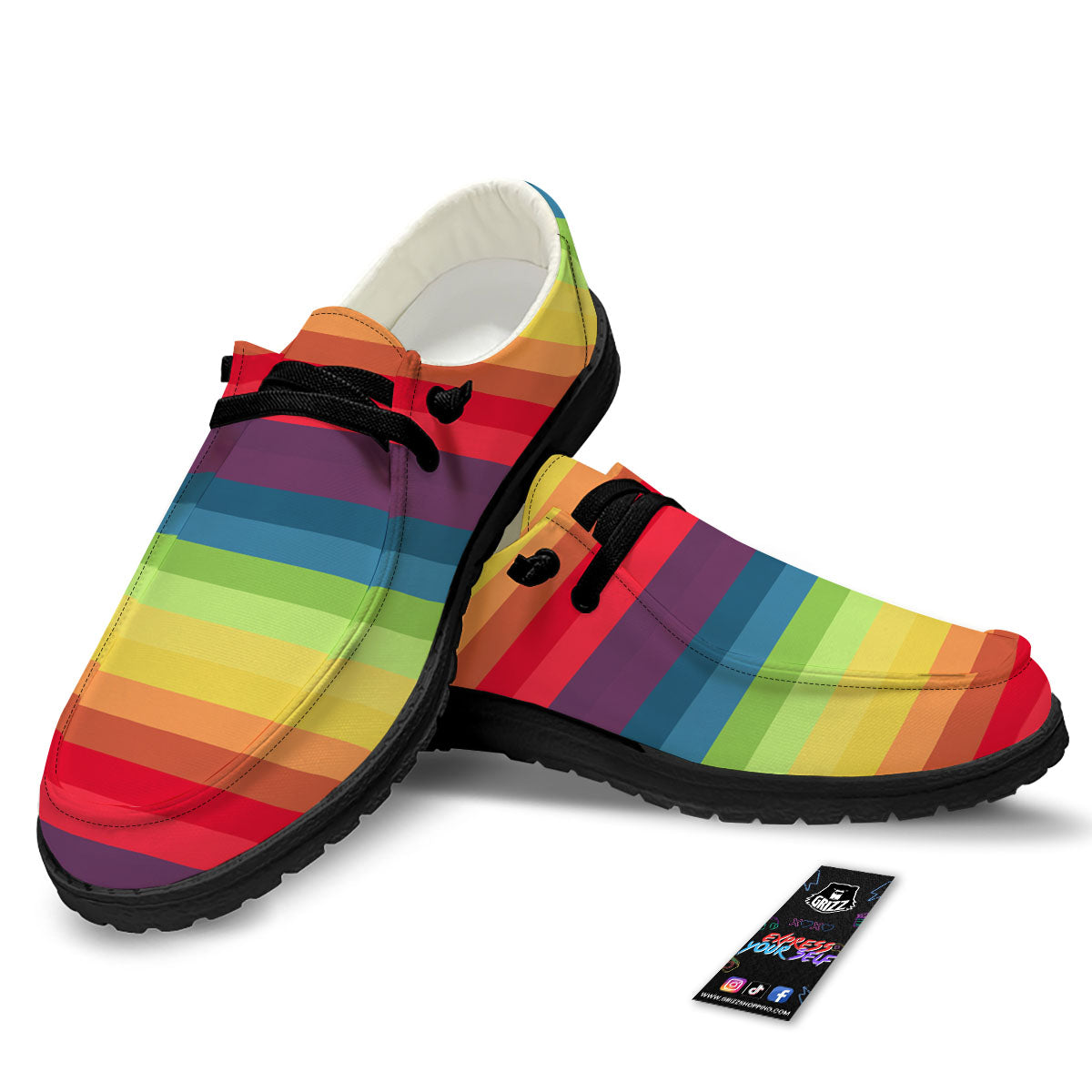 Stripe Rainbow Print Pattern Black Loafers-grizzshop