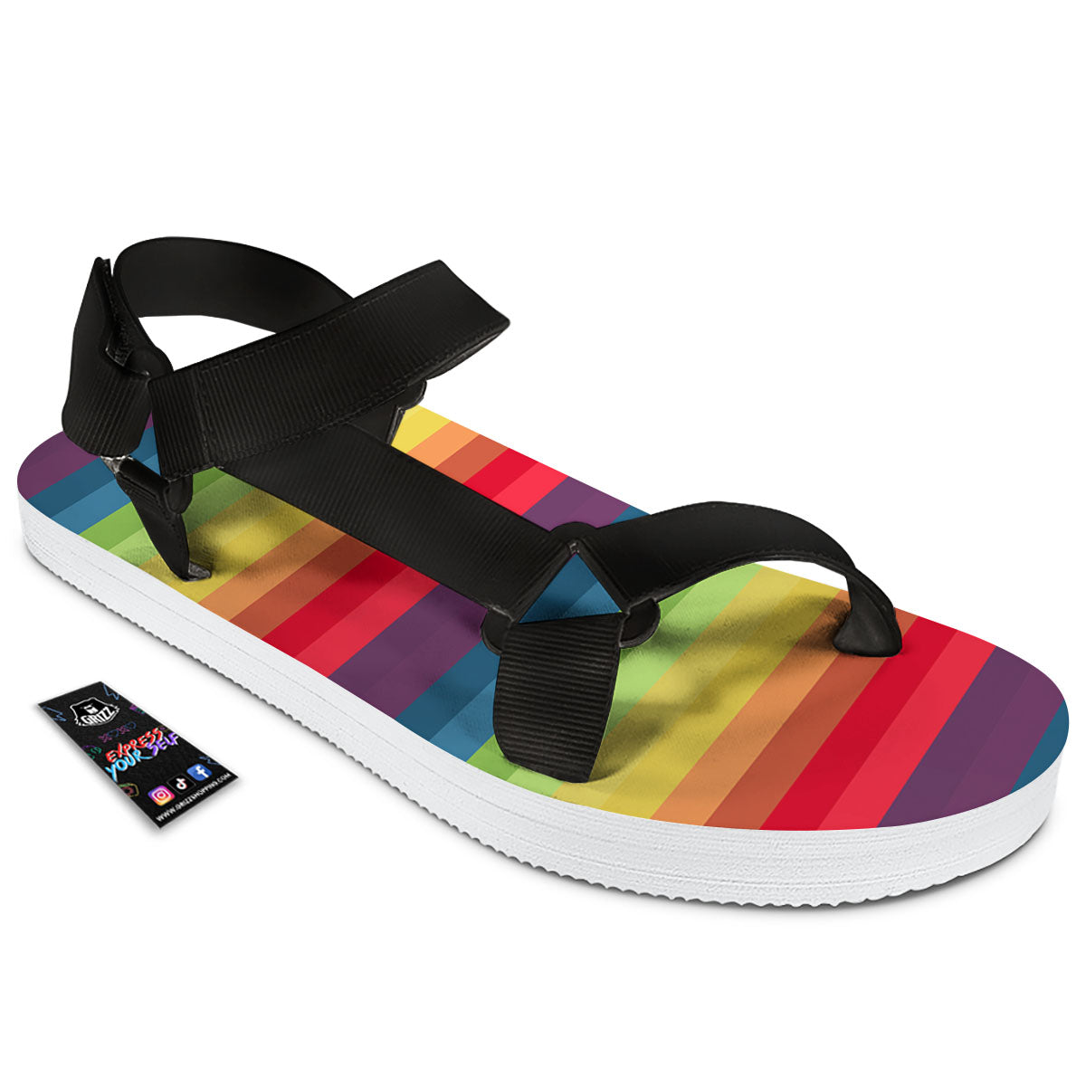 Stripe Rainbow Print Pattern Black Open Toe Sandals-grizzshop