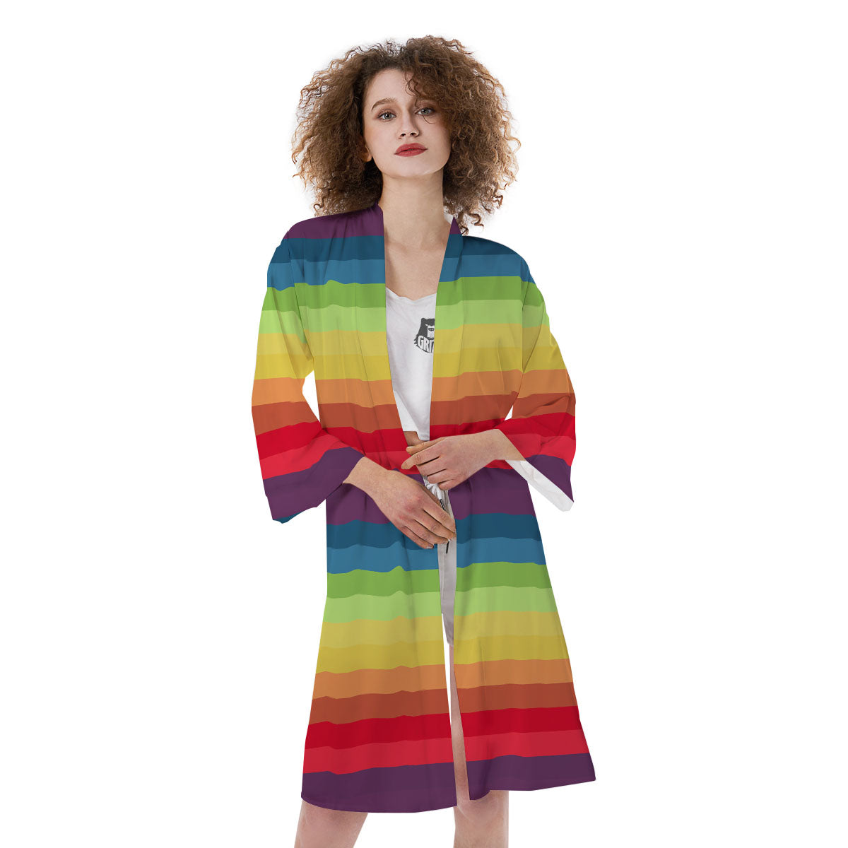 Stripe Rainbow Print Pattern Kimono-grizzshop