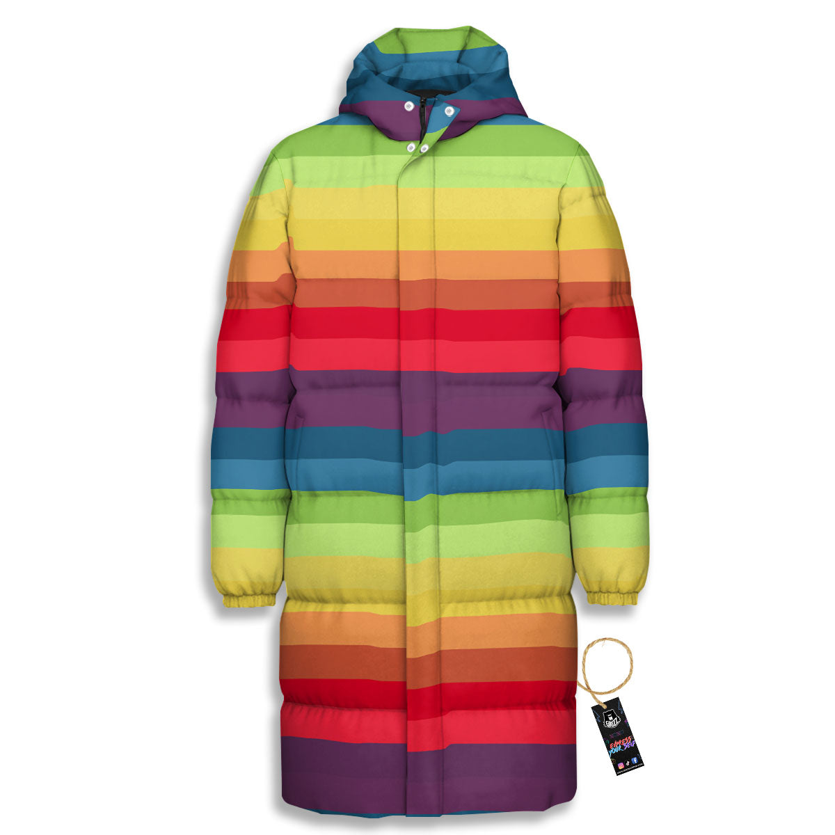 Stripe Rainbow Print Pattern Long Down Jacket-grizzshop