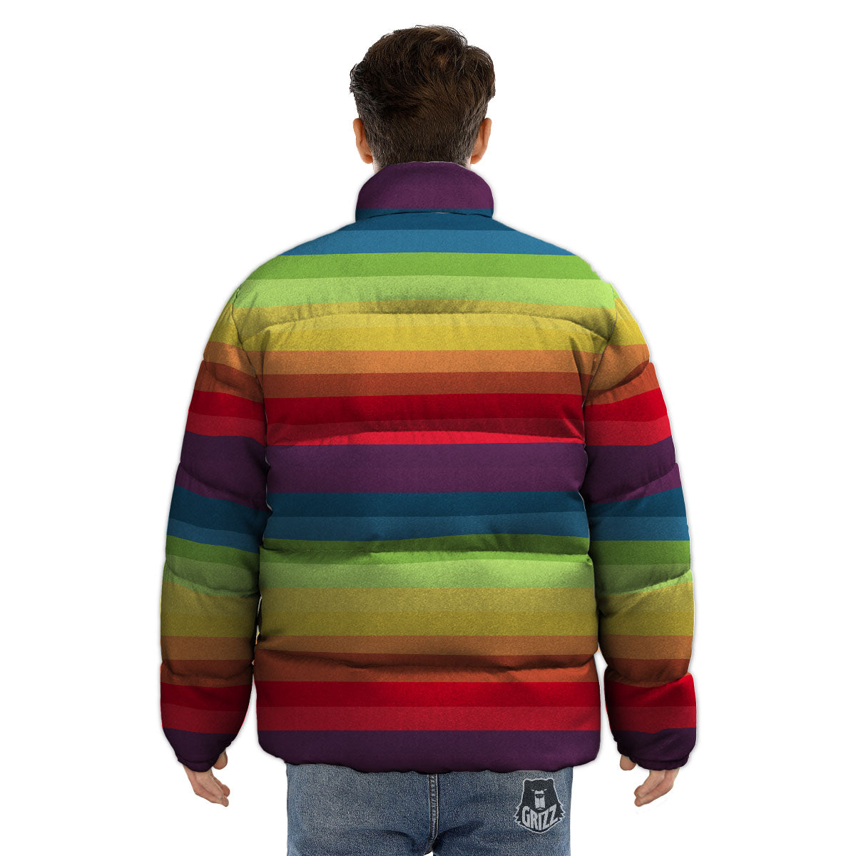 Stripe Rainbow Print Pattern Puffer Jacket-grizzshop