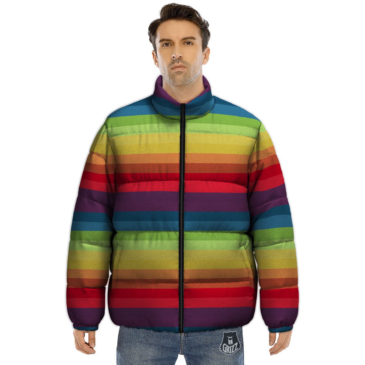Stripe Rainbow Print Pattern Puffer Jacket-grizzshop
