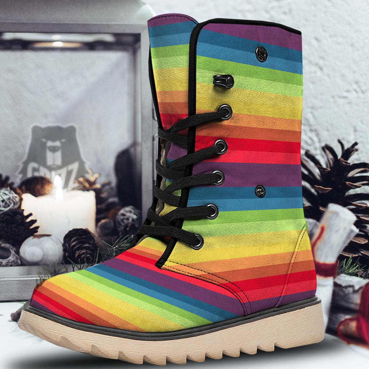Stripe Rainbow Print Pattern Snow Boots-grizzshop