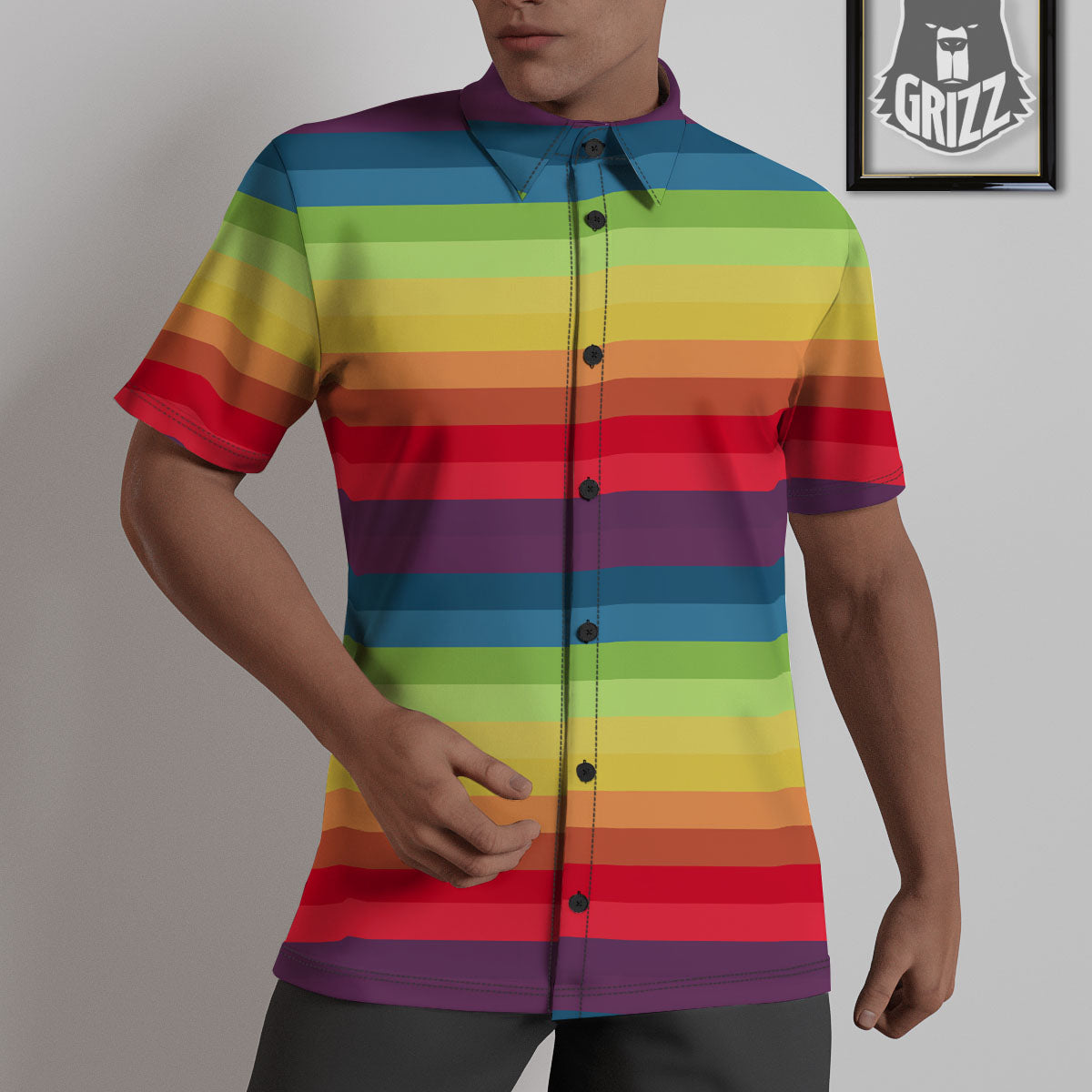 Stripe Rainbow Print Pattern Untucked Shirts-grizzshop
