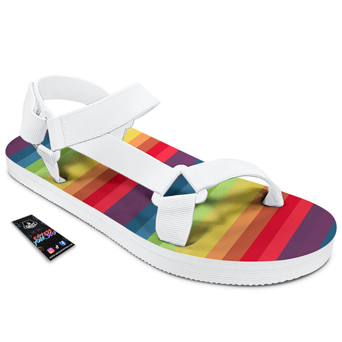 Stripe Rainbow Print Pattern White Open Toe Sandals-grizzshop