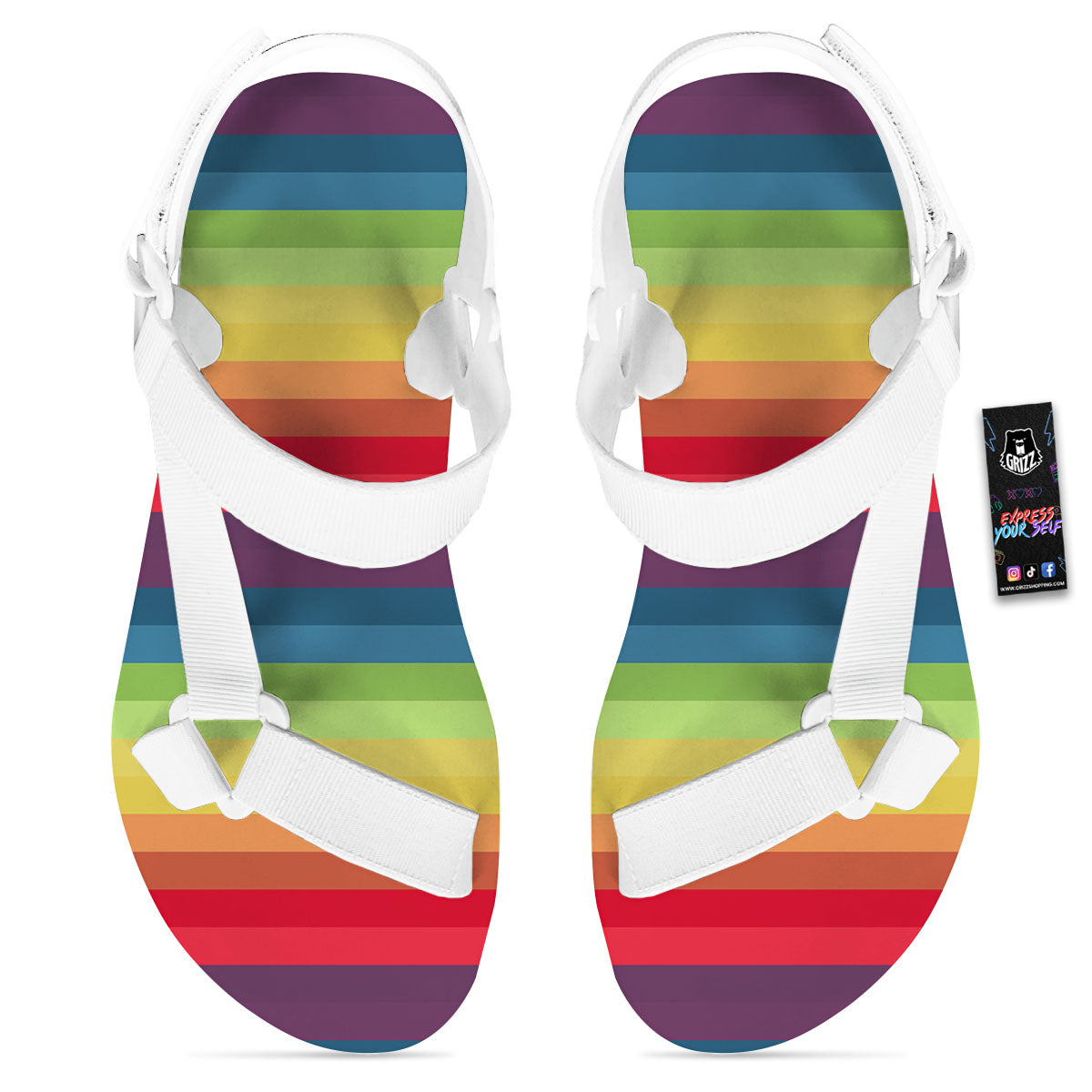 Stripe Rainbow Print Pattern White Open Toe Sandals-grizzshop