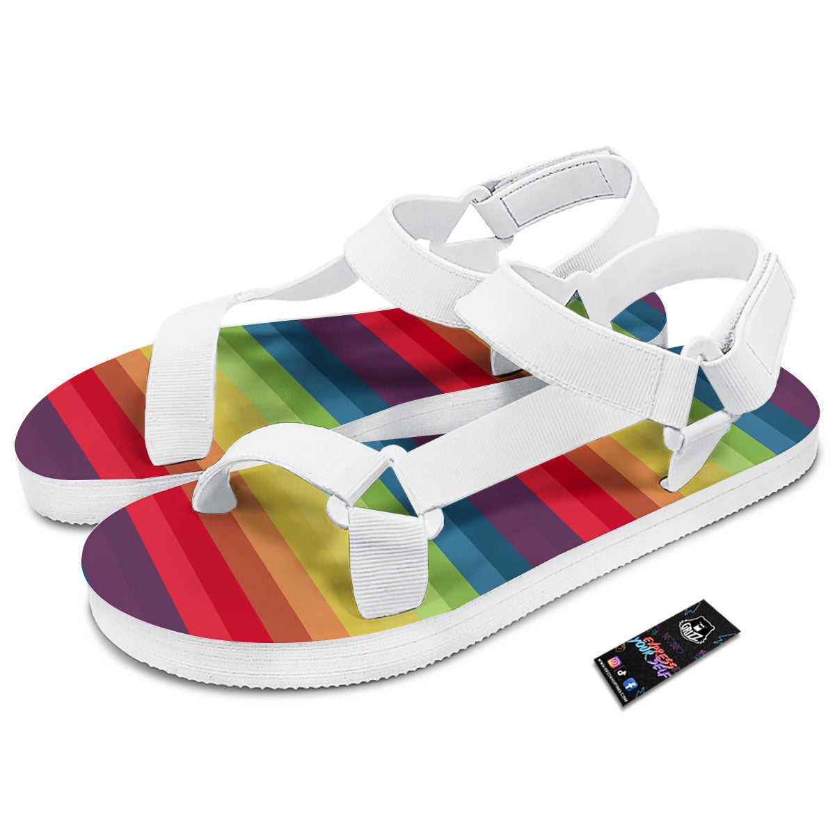 Stripe Rainbow Print Pattern White Open Toe Sandals-grizzshop
