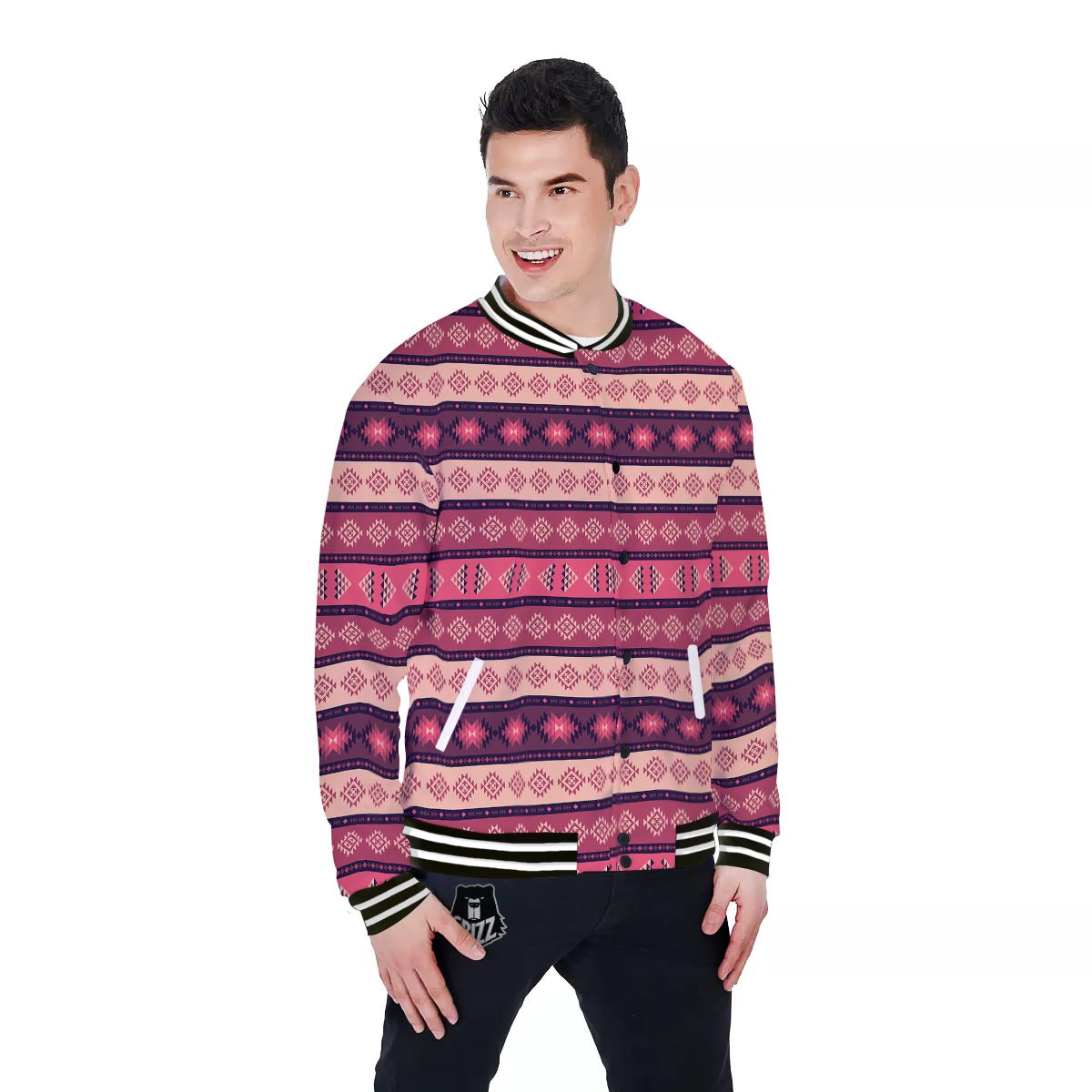 Stripe Southwestern Print Pattern Baseball Jacket-grizzshop
