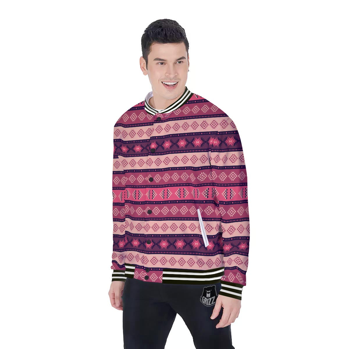 Stripe Southwestern Print Pattern Baseball Jacket-grizzshop