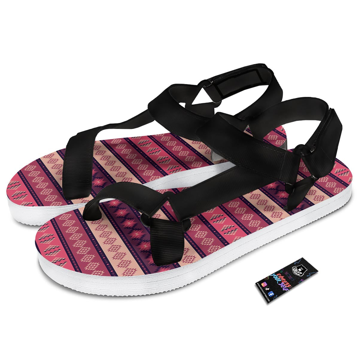 Stripe Southwestern Print Pattern Black Open Toe Sandals-grizzshop