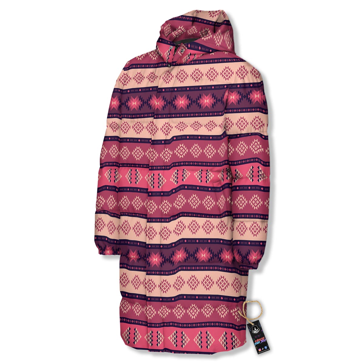 Stripe Southwestern Print Pattern Long Down Jacket-grizzshop