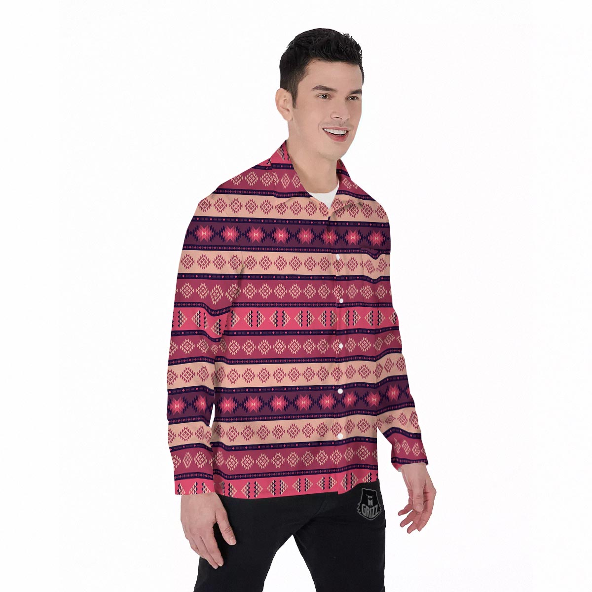 Stripe Southwestern Print Pattern Men's Long Sleeve Shirts-grizzshop