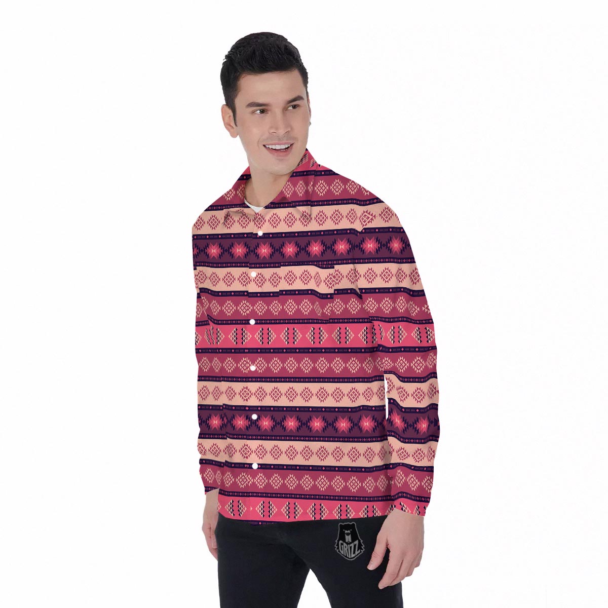 Stripe Southwestern Print Pattern Men's Long Sleeve Shirts-grizzshop