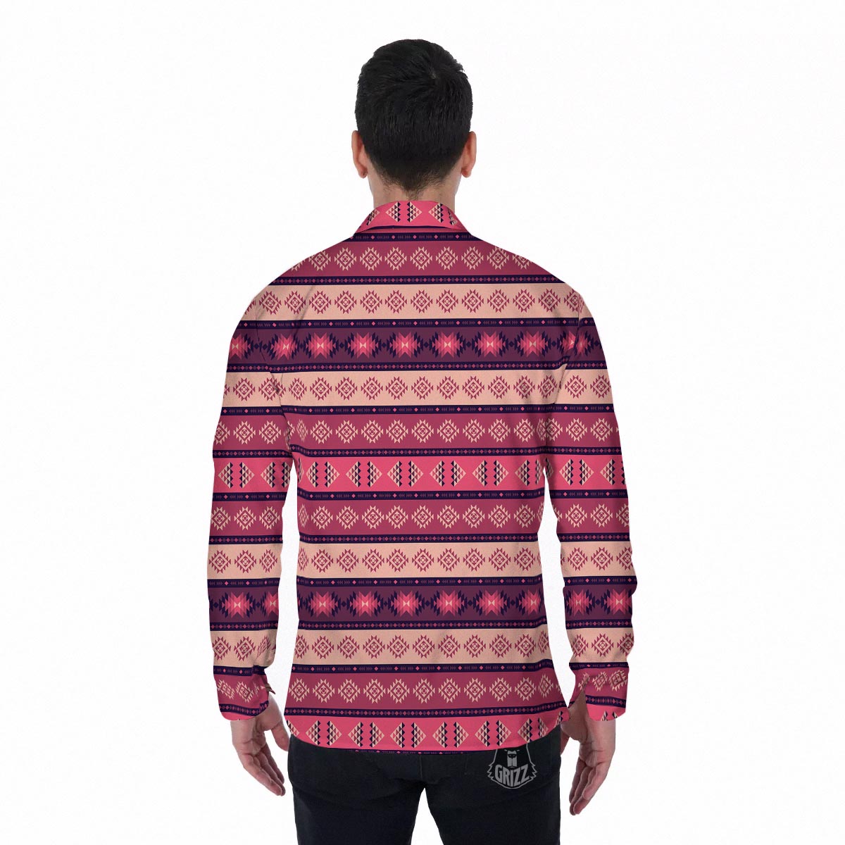 Stripe Southwestern Print Pattern Men's Long Sleeve Shirts-grizzshop