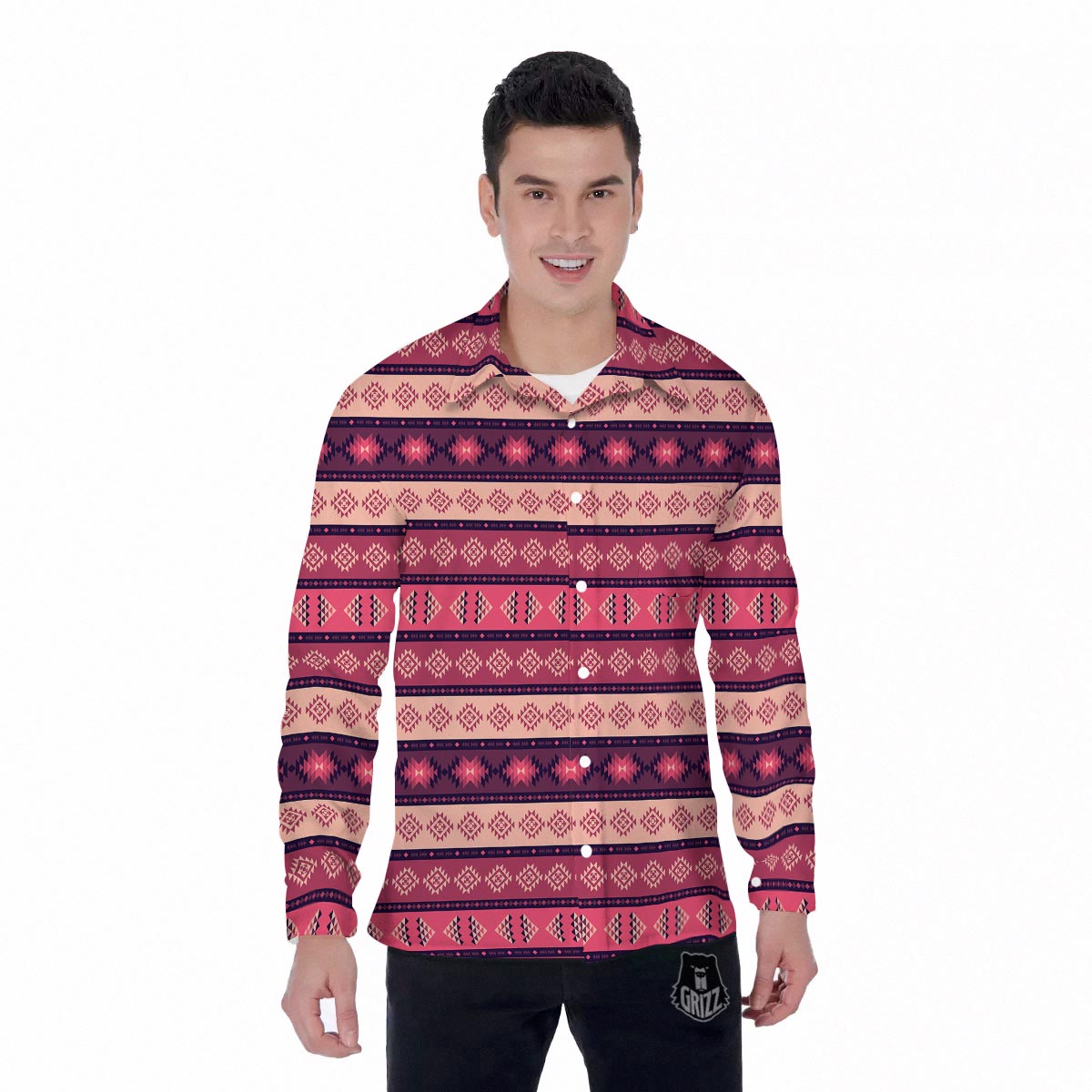 Stripe Southwestern Print Pattern Men's Long Sleeve Shirts-grizzshop