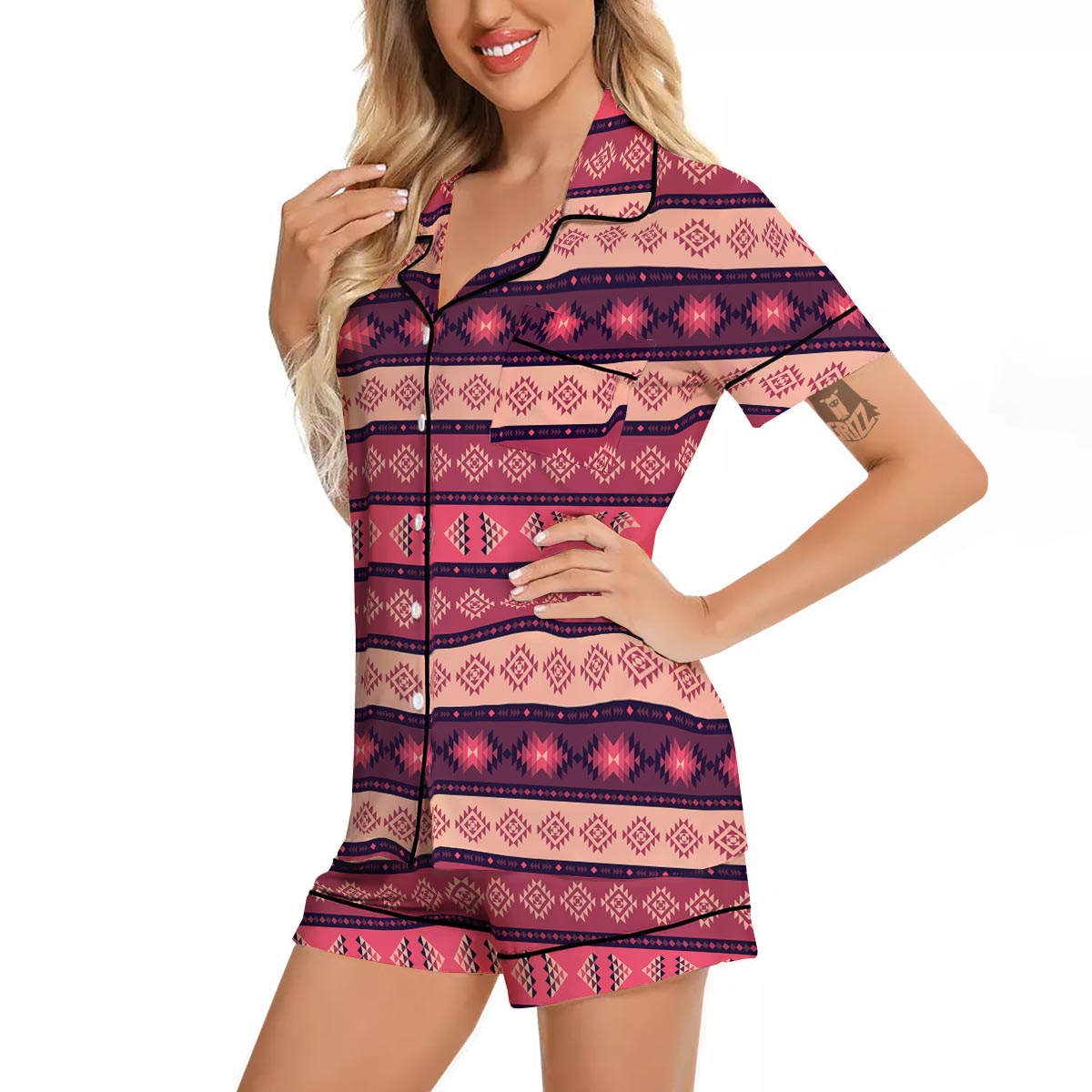 Stripe Southwestern Print Pattern Women Silk Pajamas-grizzshop