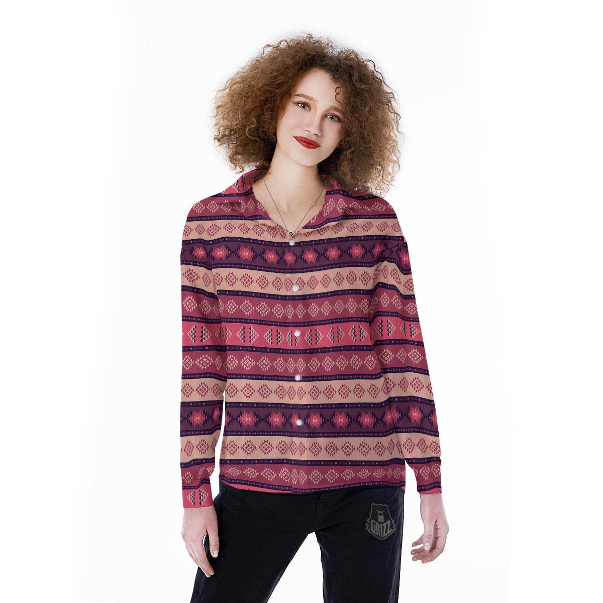 Stripe Southwestern Print Pattern Women's Long Sleeve Shirts-grizzshop