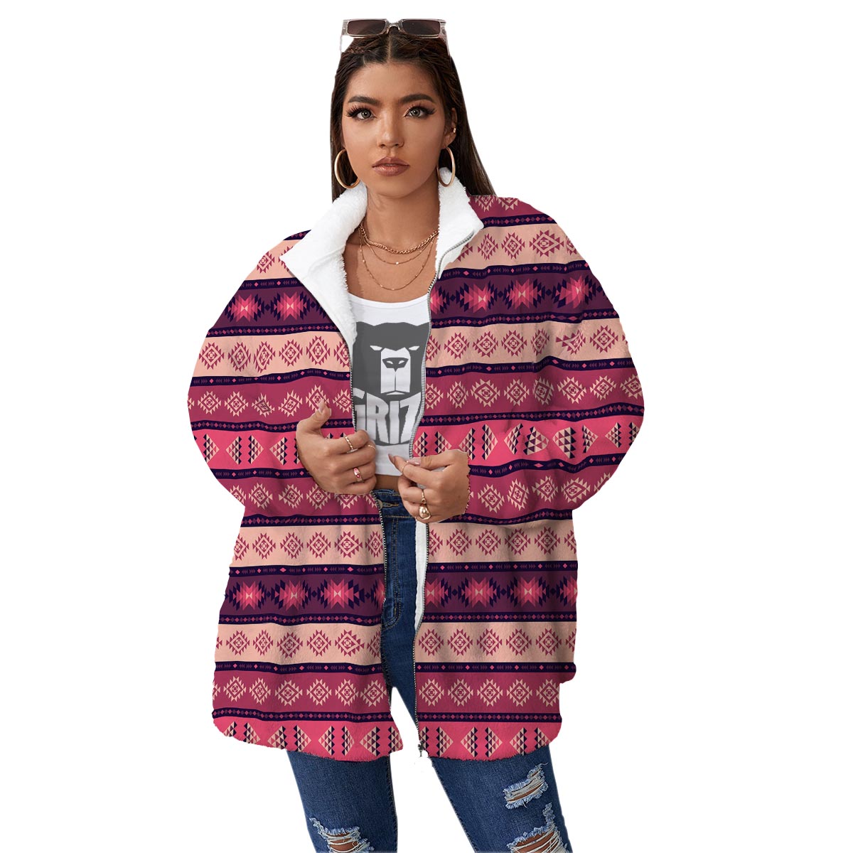 Stripe Southwestern Print Pattern Women's Sherpa Jacket-grizzshop