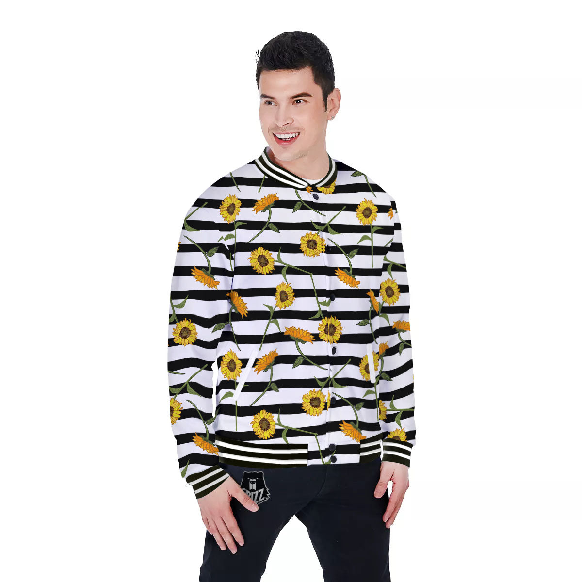Stripe Sunflower White And Black Print Pattern Baseball Jacket-grizzshop