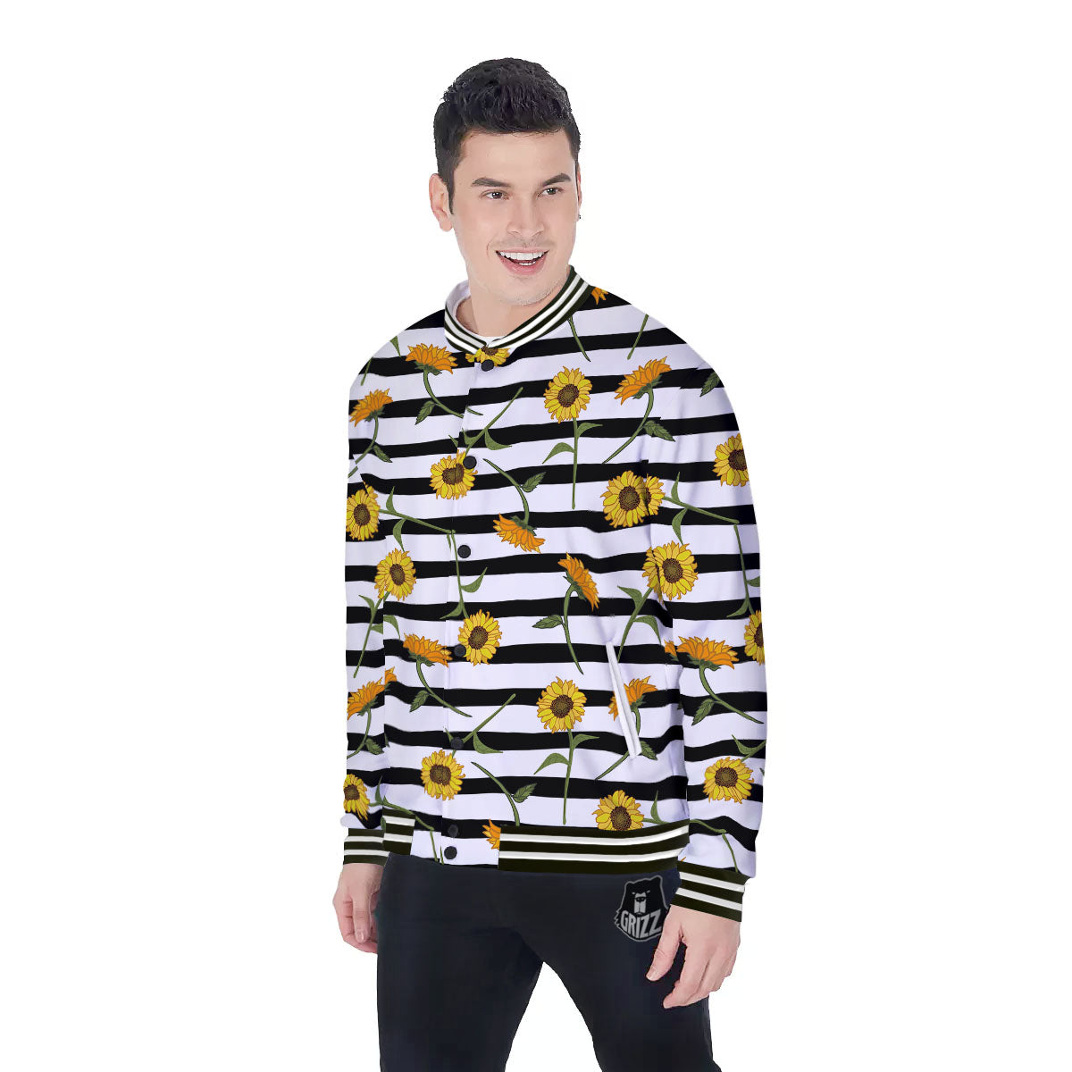 Stripe Sunflower White And Black Print Pattern Baseball Jacket-grizzshop