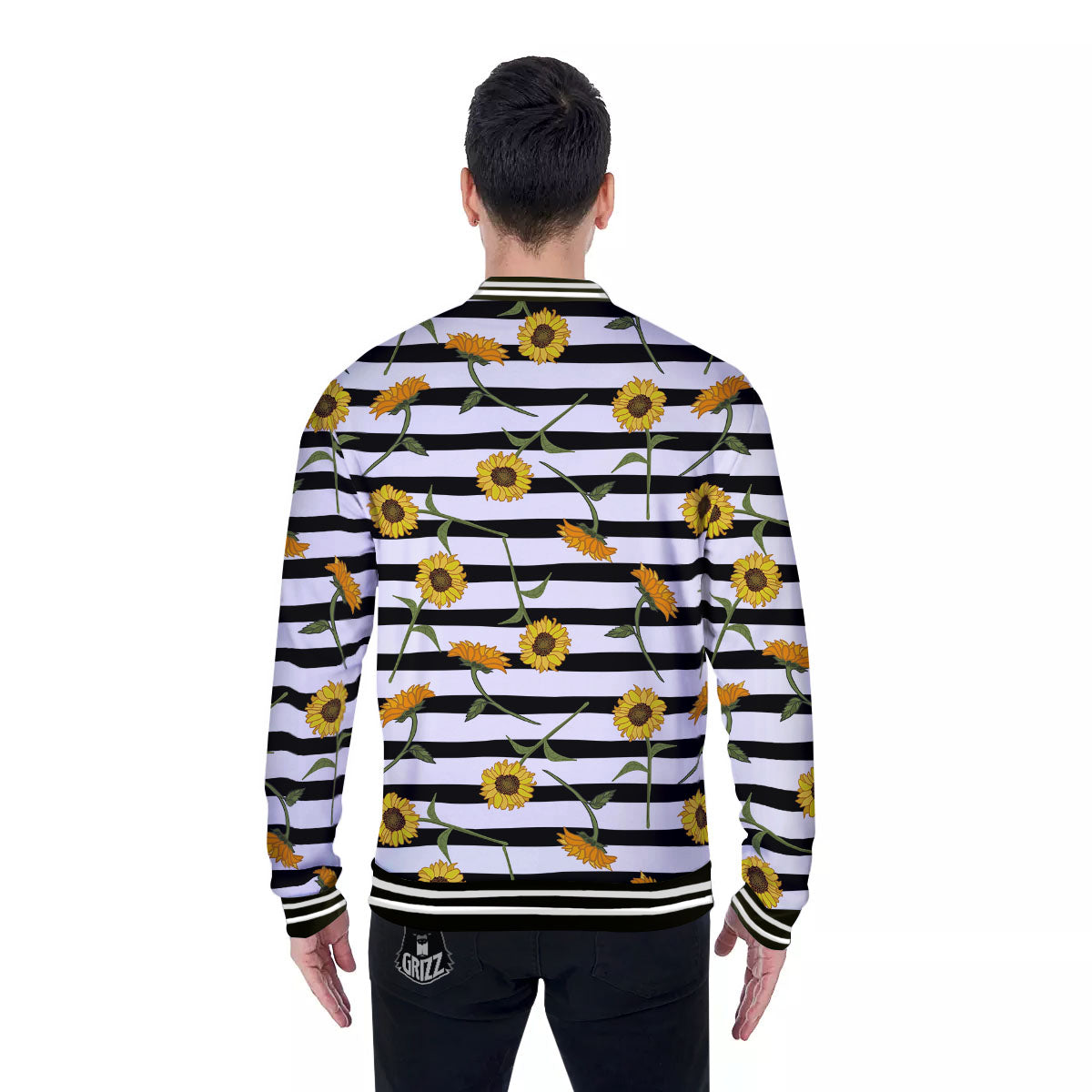 Stripe Sunflower White And Black Print Pattern Baseball Jacket-grizzshop