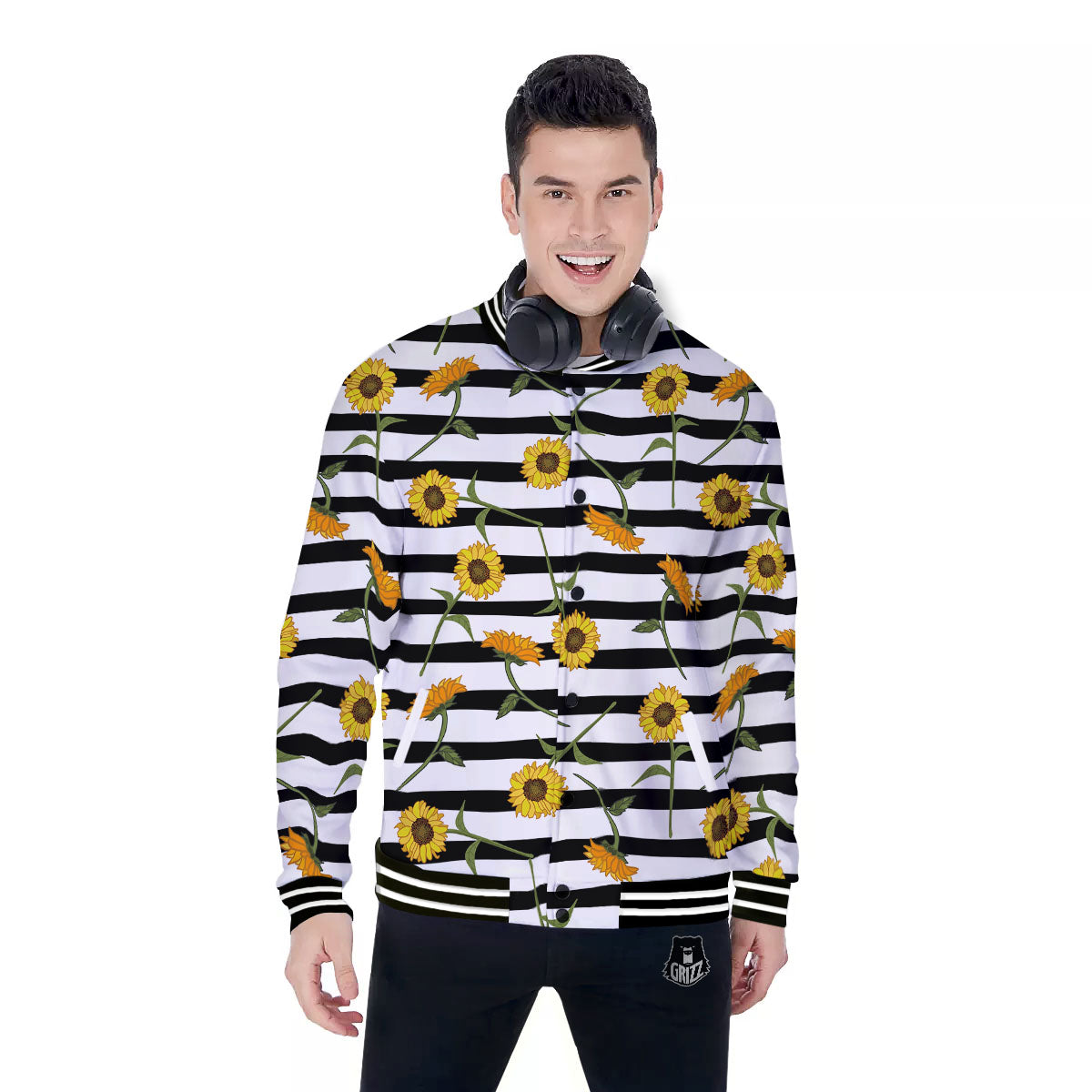 Stripe Sunflower White And Black Print Pattern Baseball Jacket-grizzshop