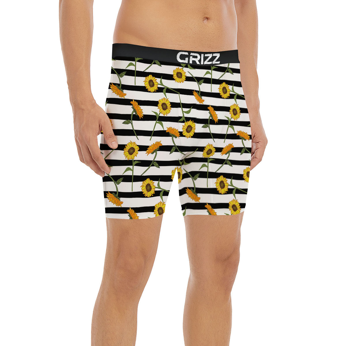 Stripe Sunflower White And Black Print Pattern Boxer Briefs-grizzshop