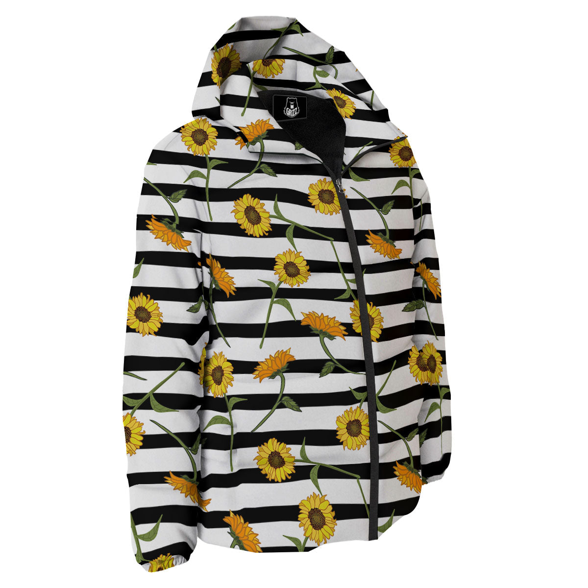 Stripe Sunflower White And Black Print Pattern Down Jacket-grizzshop