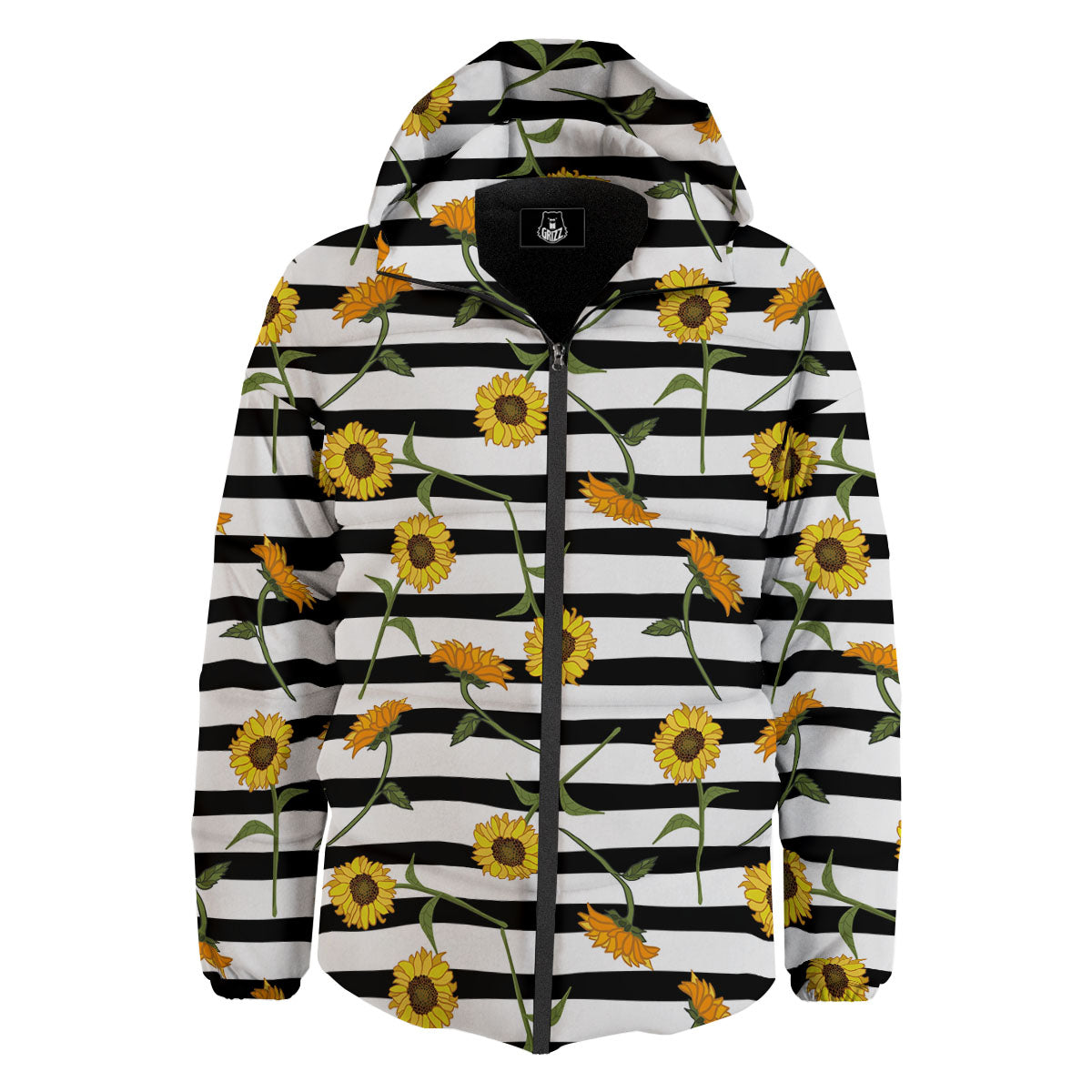 Stripe Sunflower White And Black Print Pattern Down Jacket-grizzshop