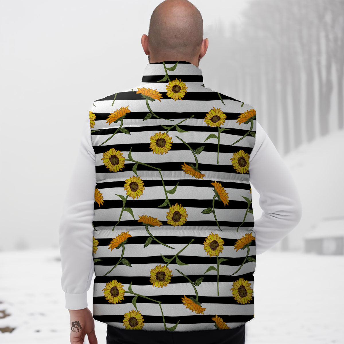 Stripe Sunflower White And Black Print Pattern Down Vest