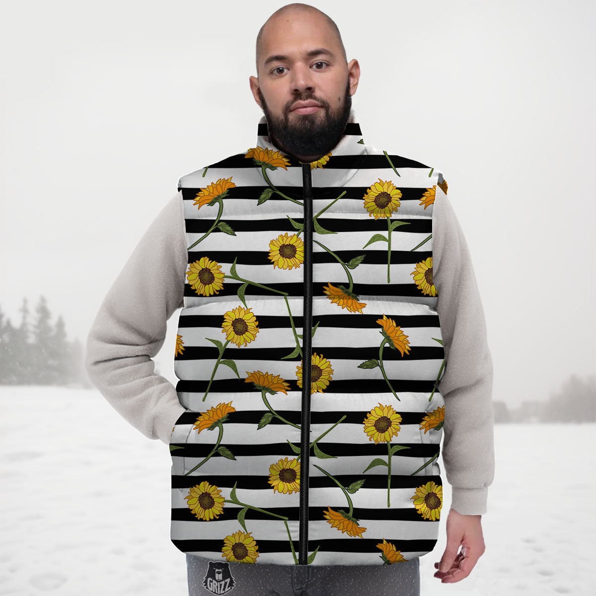 Stripe Sunflower White And Black Print Pattern Down Vest