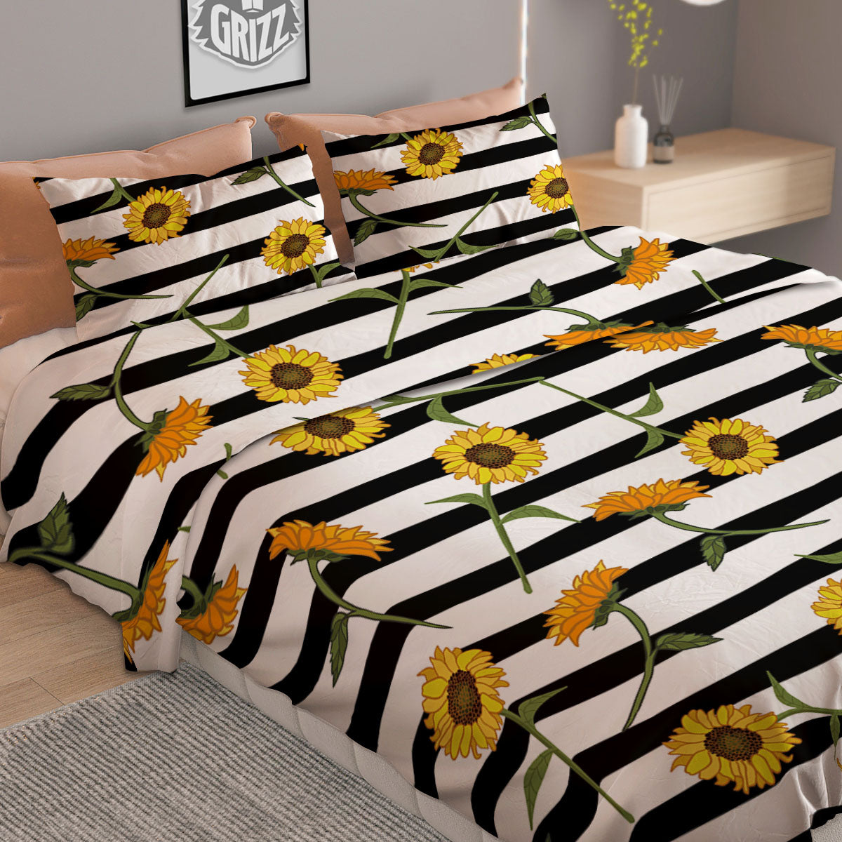 Stripe Sunflower White And Black Print Pattern Duvet Cover Bedding Set