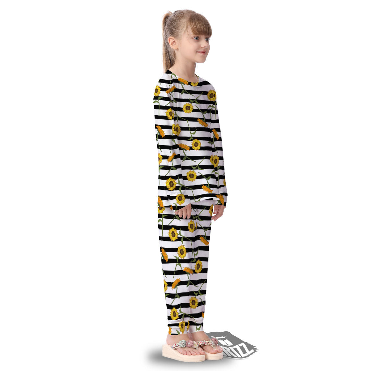 Stripe Sunflower White And Black Print Pattern Kid's Pajamas-grizzshop