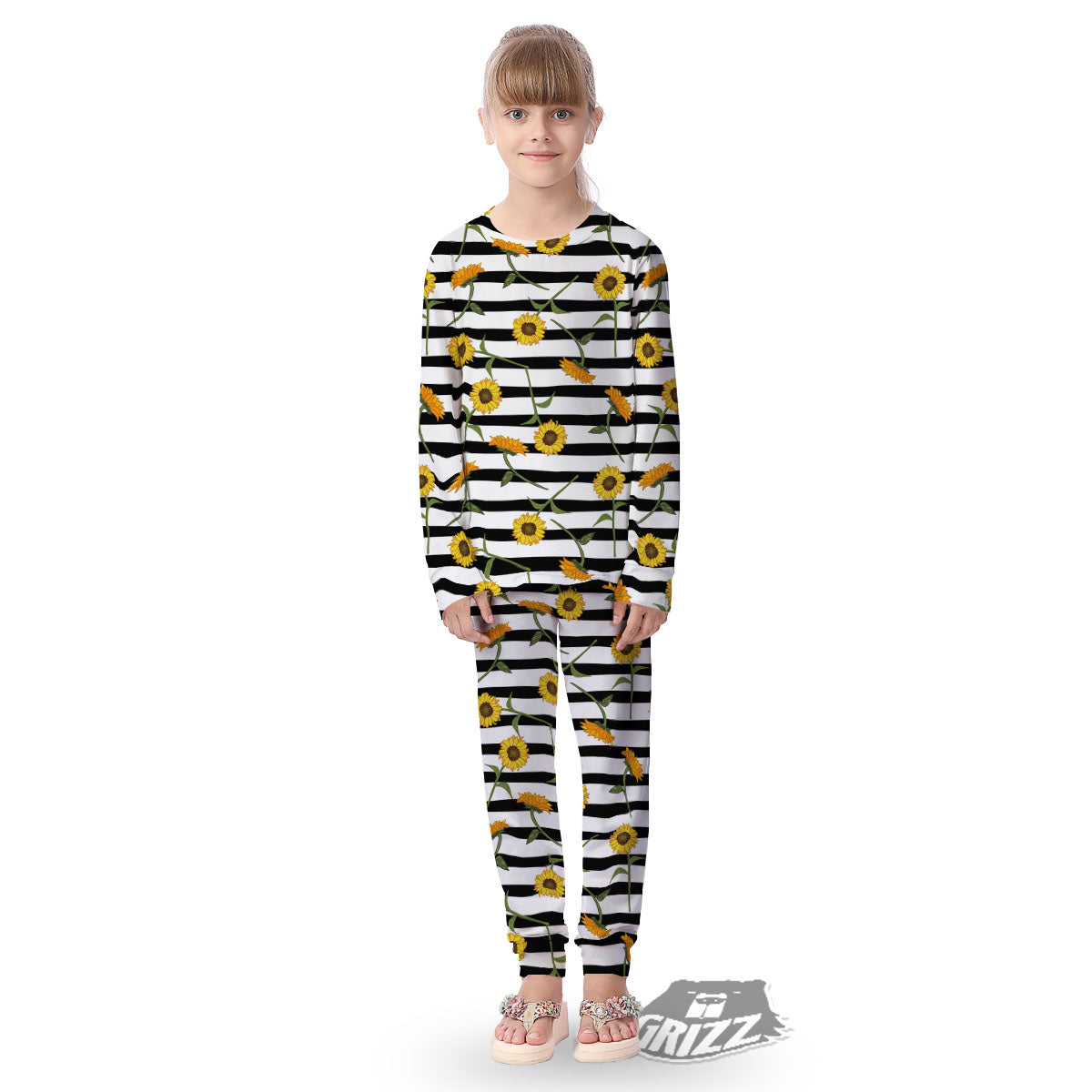 Stripe Sunflower White And Black Print Pattern Kid's Pajamas-grizzshop