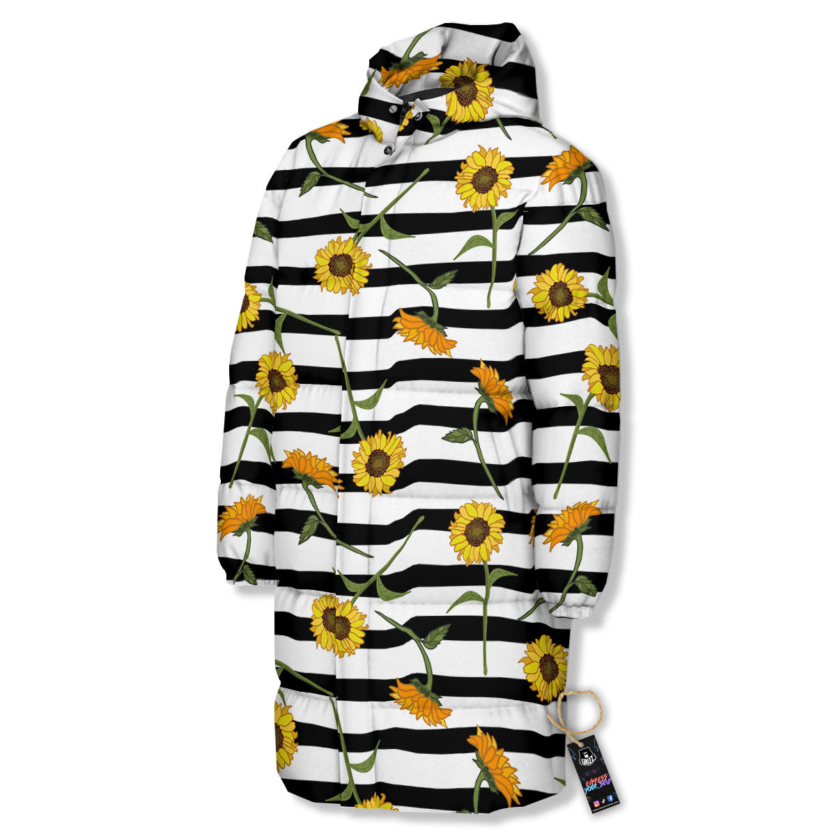 Stripe Sunflower White And Black Print Pattern Long Down Jacket-grizzshop