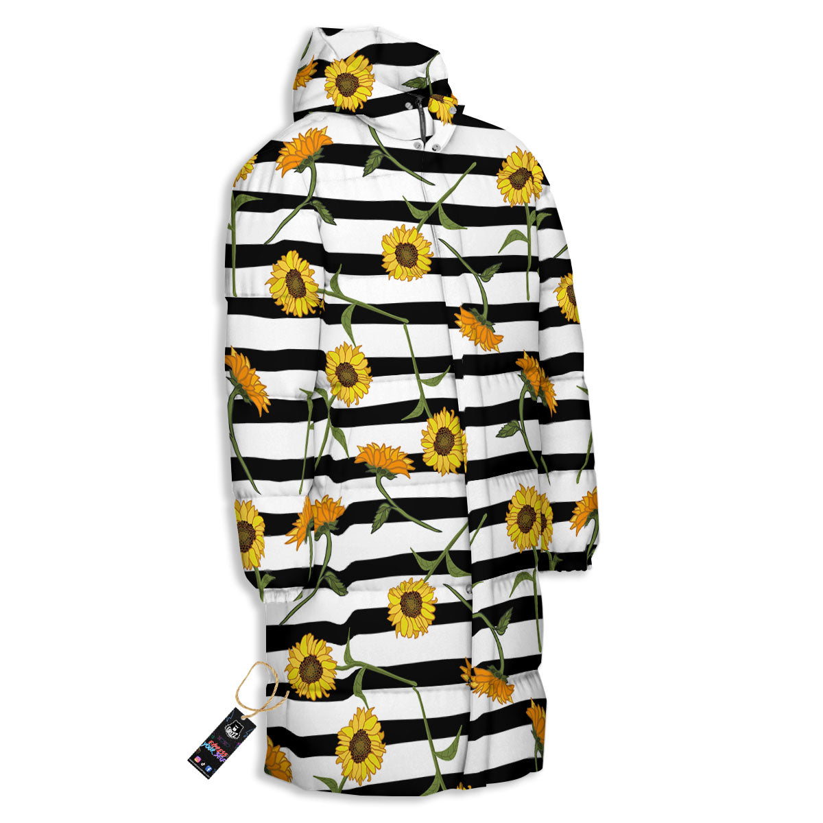 Stripe Sunflower White And Black Print Pattern Long Down Jacket-grizzshop