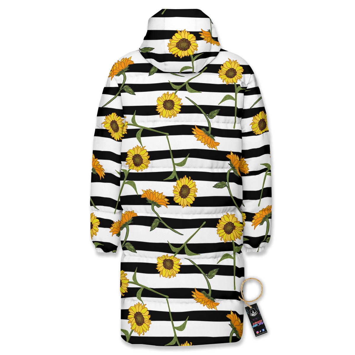 Stripe Sunflower White And Black Print Pattern Long Down Jacket-grizzshop