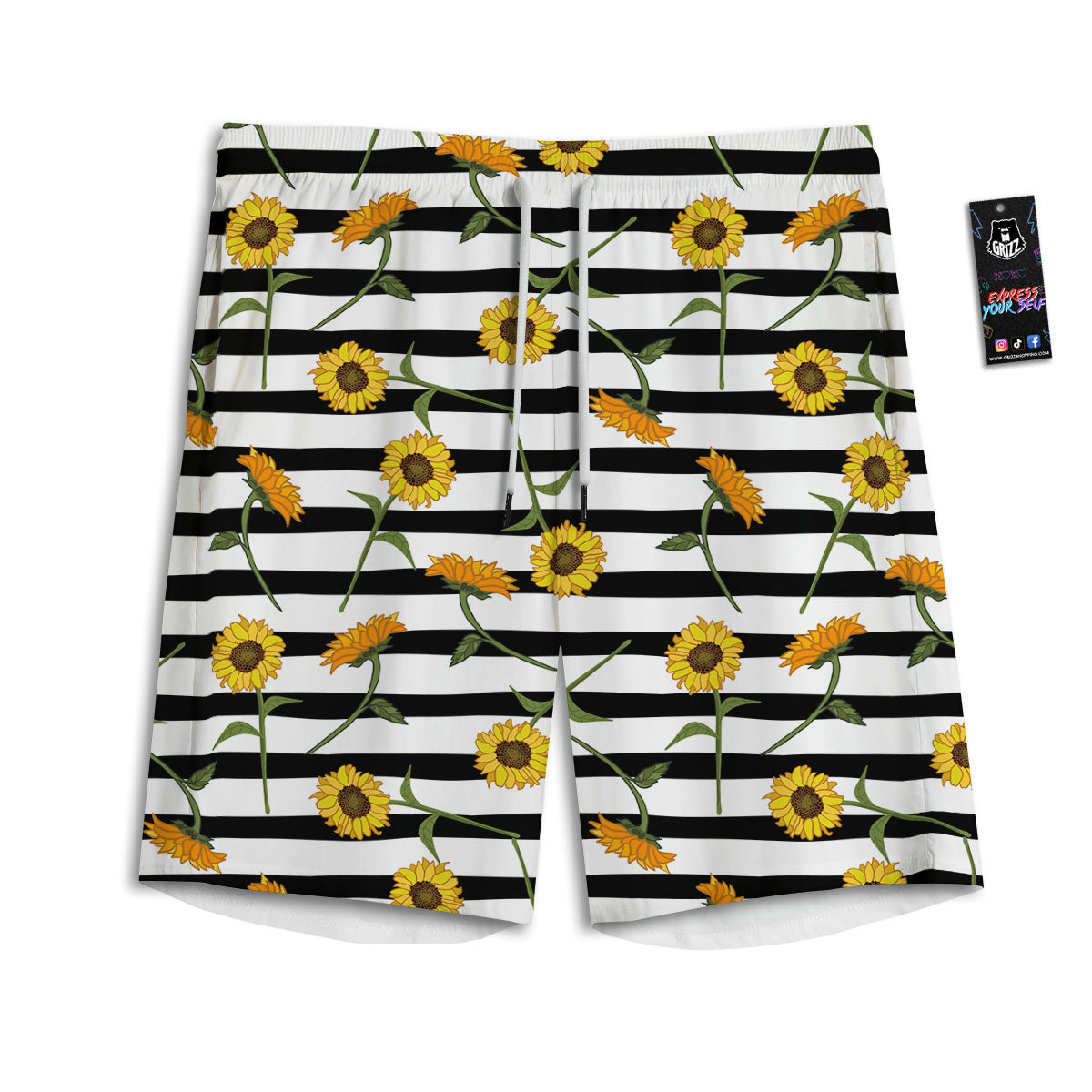 Stripe Sunflower White And Black Print Pattern Men's Athletic Shorts