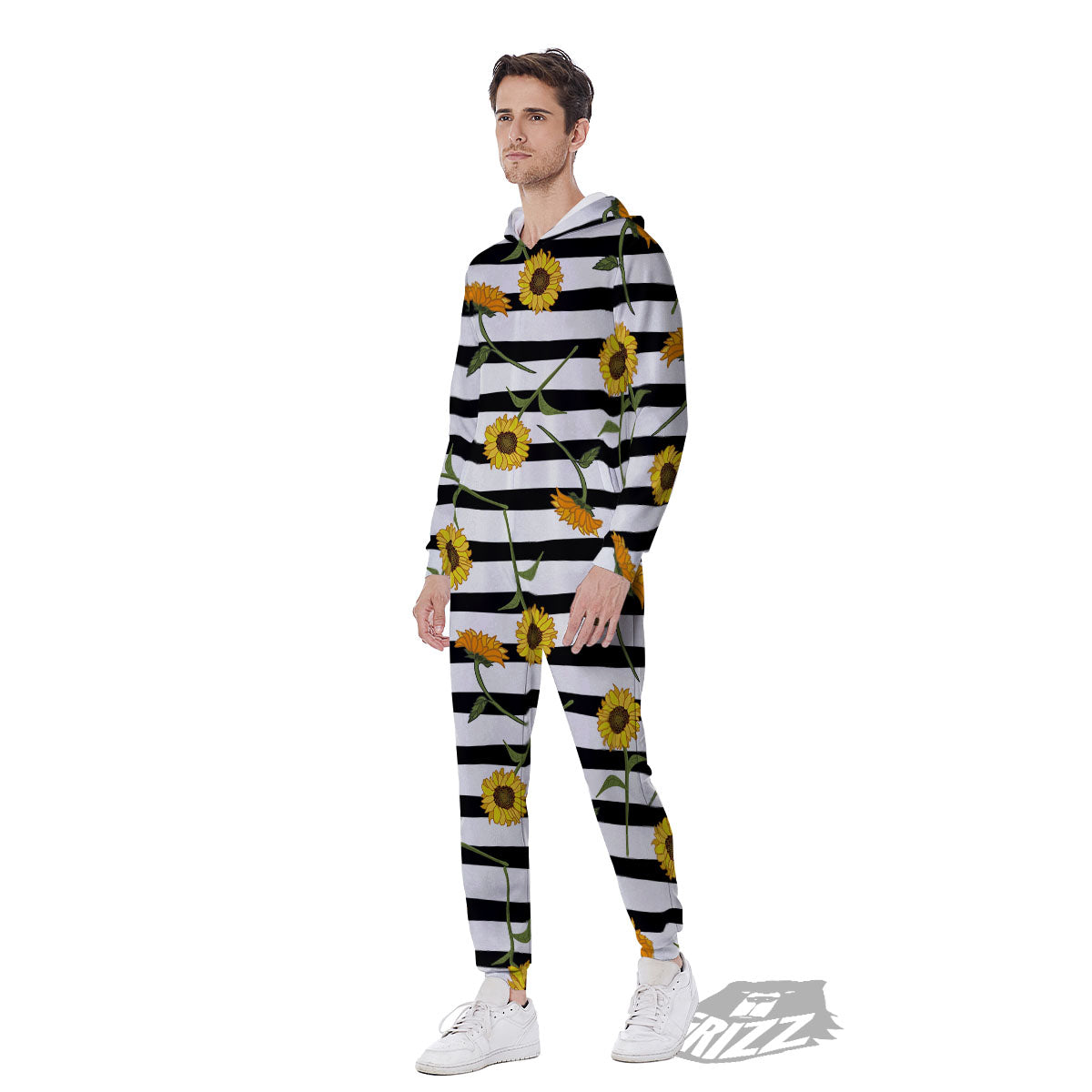 Stripe Sunflower White And Black Print Pattern Men's Jumpsuit-grizzshop
