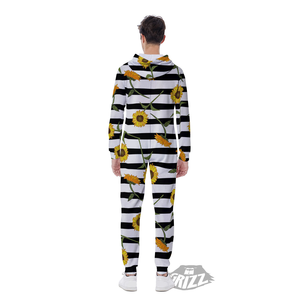 Stripe Sunflower White And Black Print Pattern Men's Jumpsuit-grizzshop