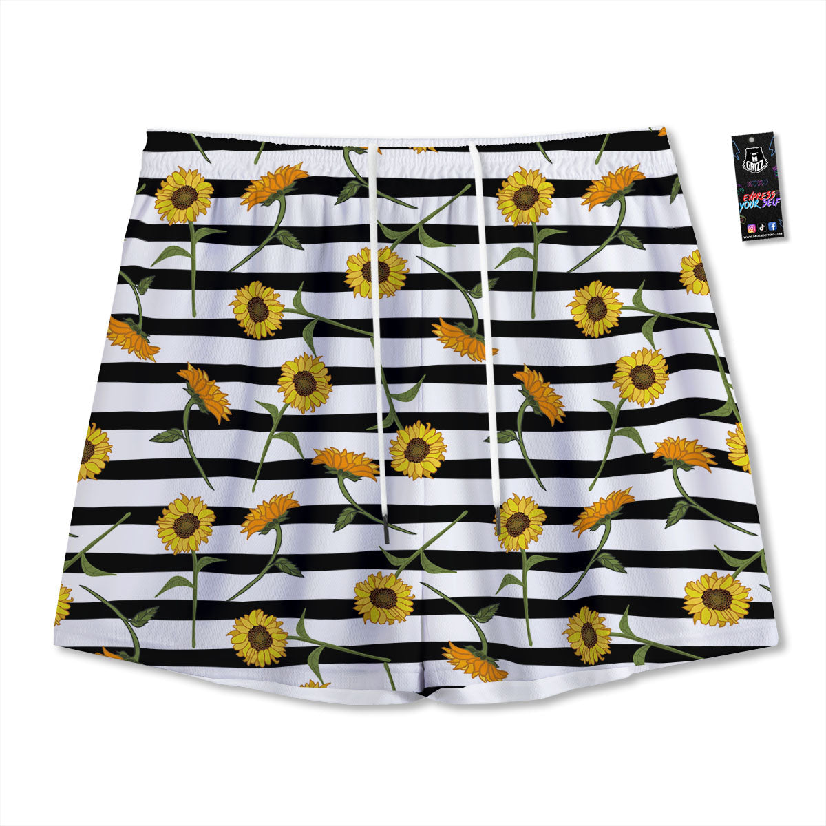 Stripe Sunflower White And Black Print Pattern Mesh Shorts