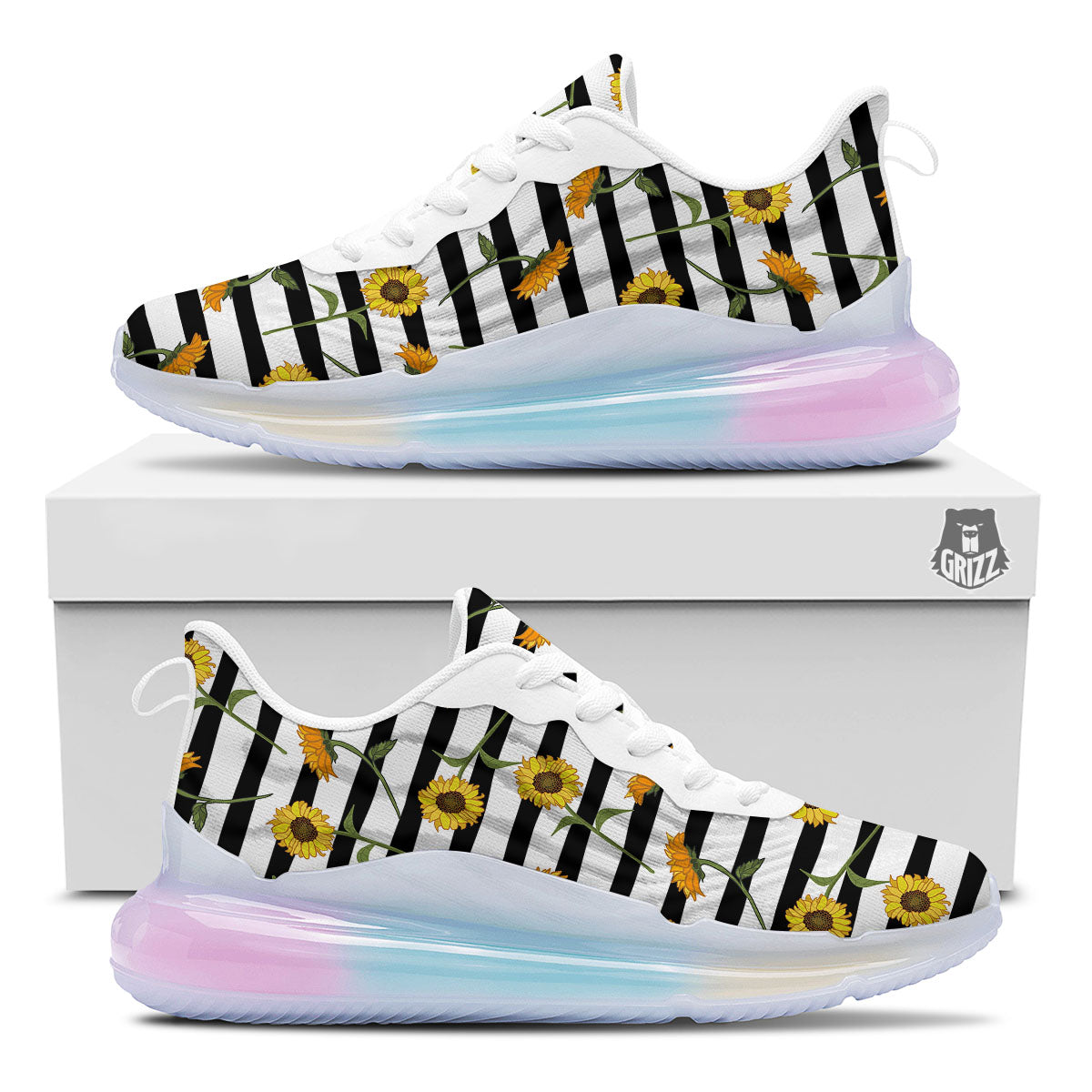 Stripe Sunflower White And Black Print Pattern Running Sneakers-grizzshop