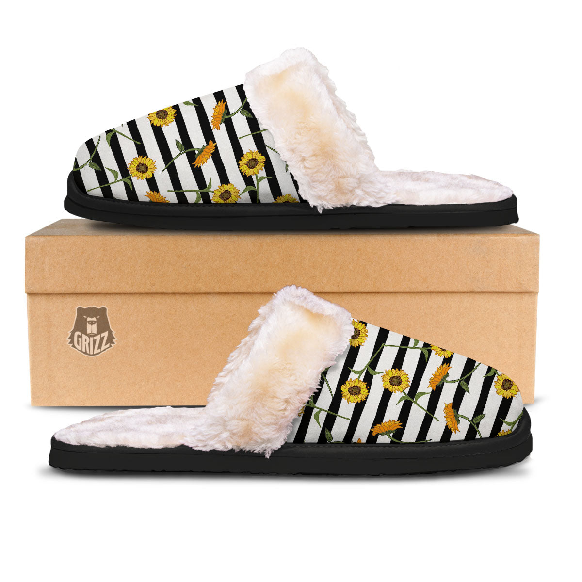 Stripe Sunflower White And Black Print Pattern Slippers-grizzshop