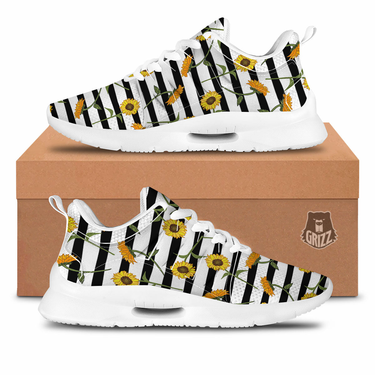 Stripe Sunflower White And Black Print Pattern Tennis Shoes-grizzshop