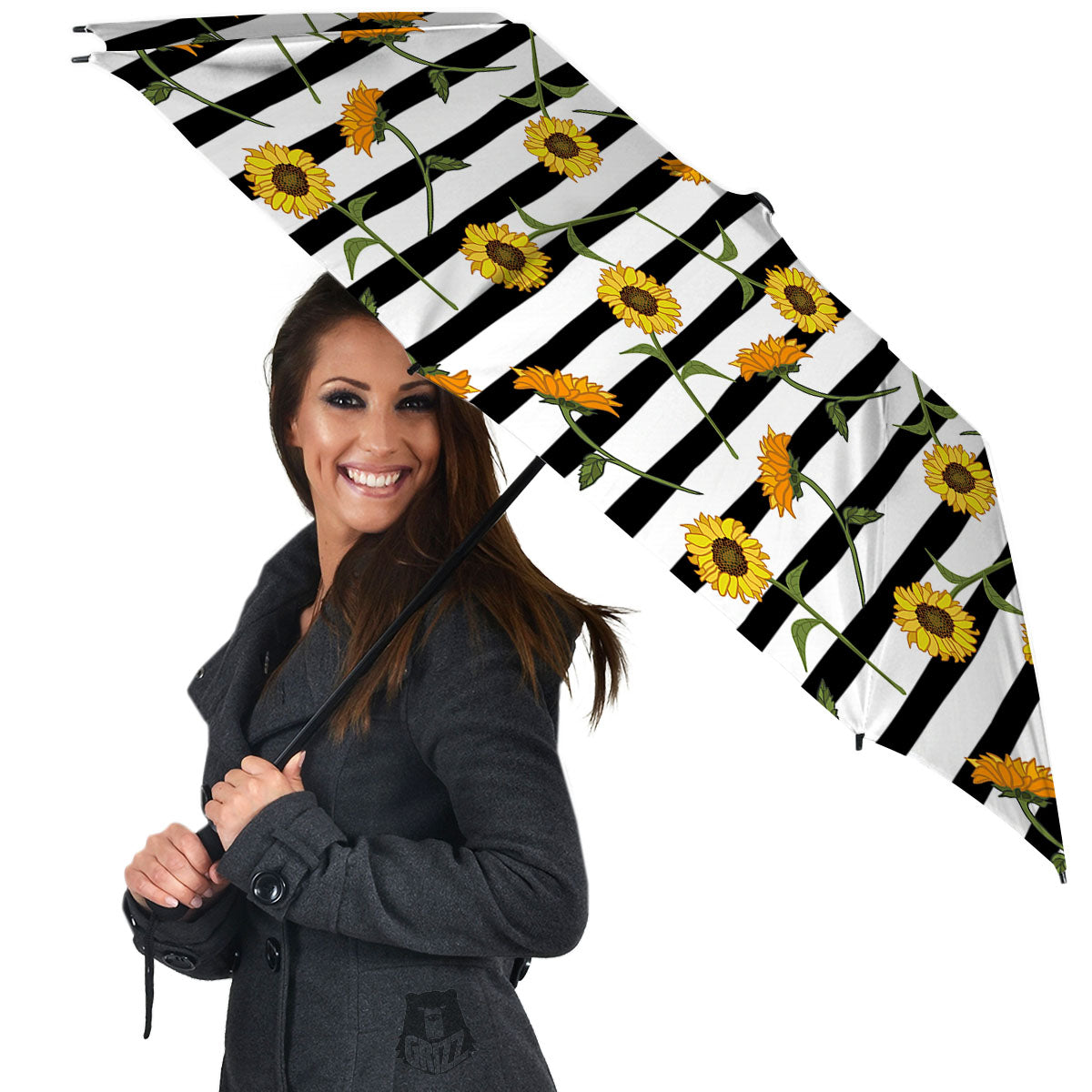 Stripe Sunflower White And Black Print Pattern Umbrella-grizzshop